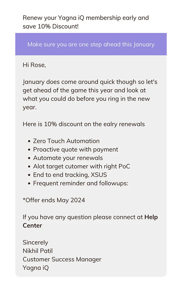 Renewal email for incentive